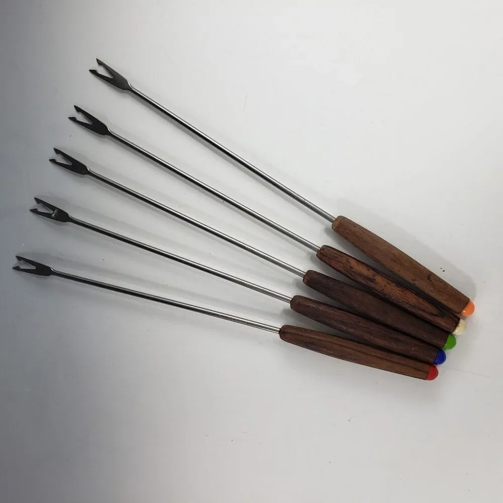 Fondue Long Fork Set Wood Teak Handle Color Insert MCM Set 5 Haddon House Japan